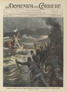 Sauvetage dramatique sur le lac de Lugano pendant une tempête entre un torpilleur et un bateau perdu - Achille Beltrame