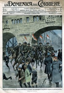 Présence anglaise en Allemagne : troupes militaires sur un pont du Rhin à Cologne. Illustration de Beltrame. La Domenica del Corriere. 01/1919