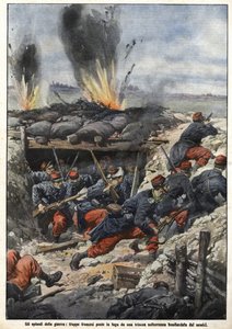 Épisode de la guerre de 1914 : Les troupes françaises dans les tranchées sont bombardées par les ennemis. « La Domenica del Corriere »