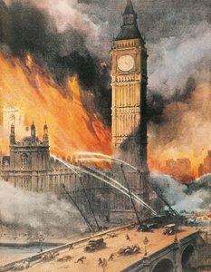 Incendie au Palais de Westminster, Londres, après un bombardement allemand, illustration de 