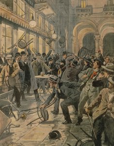 Grève générale des travailleurs à Milan, Émeutes dans la Galleria Vittorio Emanuele II, par Achille Beltrame, illustration, Illustrateur Achille Beltrame, de La Domenica del Corriere