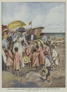 Les Souverains en villégiature, la Reine parmi les enfants pauvres envoyés pour soins aux bains de mer près de Pise