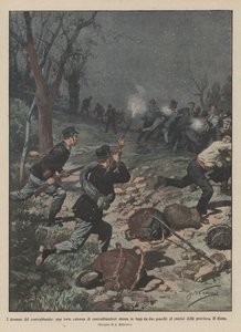 Les drames de la contrebande, une forte colonne de contrebandiers mise en fuite par deux gardes - Achille Beltrame
