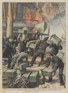 Voyages palpitants, un paquebot en flammes chargé de dynamite évite une catastrophe en la jetant à la mer - Achille Beltrame