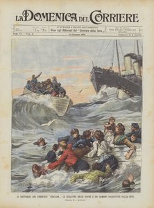 Le naufrage du vapeur Ckallam, les canots de sauvetage des femmes et des enfants engloutis par les vagues - Achille Beltrame