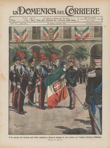 Le roi accroche à la bannière des élèves carabiniers, à Rome, la médaille de la valeur militaire - Achille Beltrame