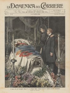Le nouveau roi du Portugal Manuel II et la reine mère Amélie devant le cadavre du roi assassiné - Achille Beltrame