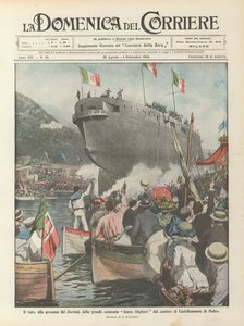 Le lancement, en présence des souverains, du grand cuirassé Dante Alighieri du chantier de Castellammare di Stabia - Achille Beltrame