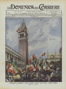 Inauguration du clocher de Saint-Marc, à Venise, le 25 avril, envol de colombes et flottement de drapeaux - Achille Beltrame