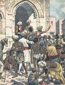 Inde. La sécheresse provoque des épidémies. Distribution de nourriture. Illustré par Antonio Beltrame. "La domenica del Corriere". 26 février - Achille Beltrame