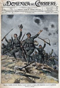 Armée italienne victorieuse sur les troupes austro-hongroises dans les montagnes du Karst en Slovénie. Les Italiens progressent ainsi vers Trieste. Ill. de Beltrame. La Domenica del Corriere. 06/1917 - Achille Beltrame