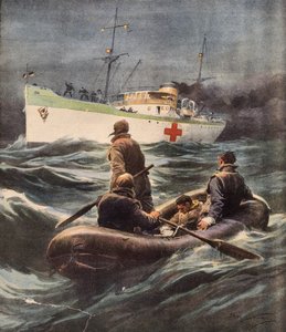 Navire-hôpital italien sauvant quatre aviateurs allemands abattus, par Achille Beltrame, illustration de La Domenica del Corriere, 23 février - Achille Beltrame