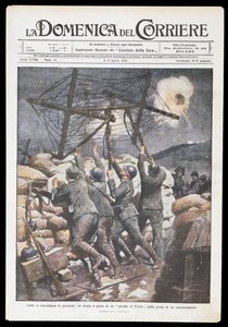 Soldats italiens mettant un cheval frison sur une tranchée, plaque par Achille Beltrame pour Domenica del Corriere, 2-9 avril 1916, Première Guerre mondiale, Italie, 20e siècle - Achille Beltrame