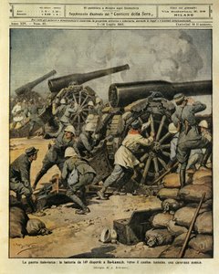 Guerre italo-turque, tir de batterie du canon n°149 repoussant une caravane ennemie à Bu-Kamek vers la frontière tunisienne, illustrateur Achille Beltrame, de La Domenica del Corriere, 7 juillet 1912