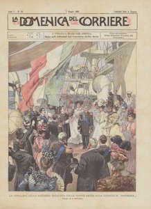 La remise du drapeau offert par les femmes sardes au cuirassé Sardaigne - Achille Beltrame