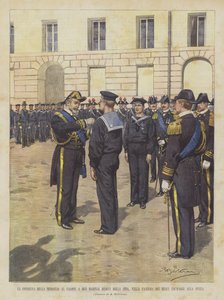 La remise de la médaille de la valeur à deux marins de retour de Chine, dans la caserne des équipages royaux à La Spezia - Achille Beltrame