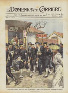 La guerre russo-japonaise, marins russes blessés dans le combat de Chemulpo (Corée) transportés - Achille Beltrame
