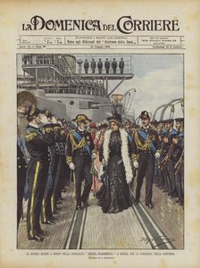 La reine mère à bord du cuirassé Regina Margherita à La Spezia, pour la remise du drapeau - Achille Beltrame