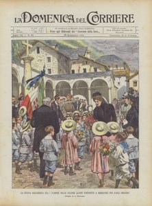 La reine Marguerite parmi les enfants des colonies alpines réunis à Gressoney pour lui rendre hommage - Achille Beltrame