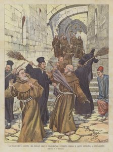 La tragi-comique bagarre entre moines grecs et franciscains près du Saint-Sépulcre, à Jérusalem - Achille Beltrame
