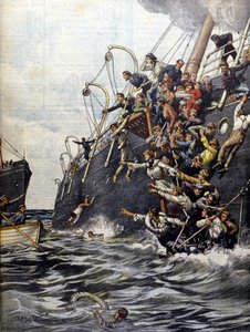 La catastrophe du Liban : les passagers se jettent à la mer après la collision avec un autre paquebot au large de Marseille. Illustration de Beltrame. La Domenica del corriere. 1903 - Achille Beltrame