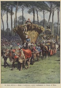 La fête des vendanges à Rome, le pittoresque cortège vendémiaire sur la Piazza di Siena - Achille Beltrame