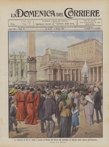 La maladie de Pie X, fidèles et curieux sur la place Saint-Pierre regardant la fenêtre de la chambre du Pape