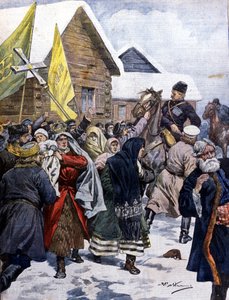 La superstition en Russie : la police tente de disperser la secte des nouveaux chrétiens. Illustration de Beltrame. La Domenica del Corriere. 1901 - Achille Beltrame