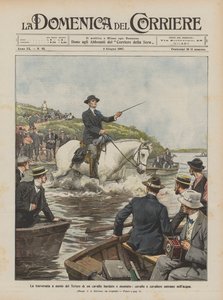La traversée à la nage du Tibre par un cheval harnaché et monté, cheval et cavalier entrant dans l