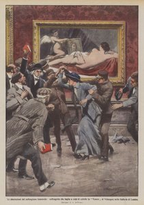 Les aberrations du suffragisme féminin, suffragette taillant la Vénus à coups de couteau