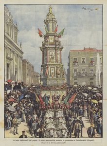 Les fêtes traditionnelles du peuple, le char monumental conduit en procession à Casteltermini (Girgenti) - Achille Beltrame