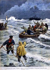 Le naufrage du bateau à vapeur Planier près des Bouches-du-Rhône : les secours ramènent les passagers. Illustration de Beltrame. La Domenica del Corriere. 1901 - Achille Beltrame
