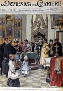 Le problème du divorce en Italie : la population signe les pétitions contre le divorce dans les sacristies. Illustration de Beltrame. La Domenica del Corriere. 9/02/1902