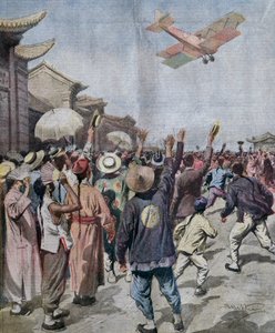 Lieutenant Arturo Ferrarin, participant au raid Rome-Tokyo, arrivant apparaissant dans le ciel de Shanghai, illustration par Achille Beltrame de La Domenica del Corriere, 16 mai - Achille Beltrame