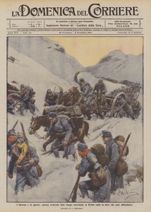 Hiver et guerre, avancée pénible des troupes autrichiennes en Serbie sous la neige abondante - Achille Beltrame
