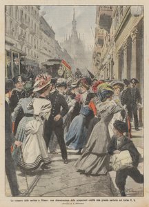 La grève des couturières à Milan, une manifestation des grévistes contre une grande maison de couture sur le Corso V E