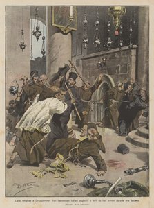 Conflits religieux à Jérusalem, des frères franciscains italiens agressés et blessés par des frères arméniens pendant une cérémonie - Achille Beltrame