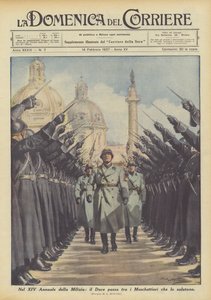 Lors du XIVe Anniversaire de la Milice, le Duce passe entre les Mousquetaires qui le saluent - Achille Beltrame