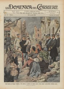 Dans la marine de Reggio de Calabre, le roi soulève et réconforte un enfant tandis que des mères agenouillées demandent de l