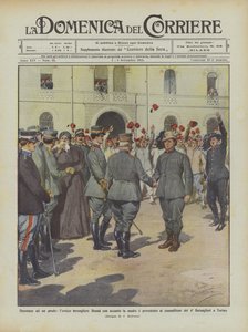 Hommages à un brave, le héros bersaglier Benna avec sa mère présenté aux camarades... - Achille Beltrame
