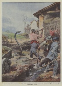 Ouvriers qui, pendant le travail à Aix-les-Bains, voient avec terreur se dresser devant eux
