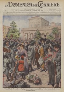 Départ des héroïques bersaglieri de Naples pour Ancône, dames et paysannes fleurissant les soldats