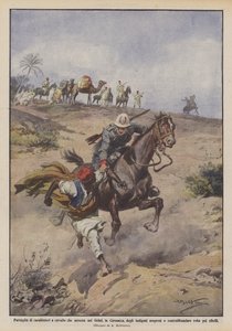 Patrouille de carabiniers à cheval arrêtant des indigènes surpris dans le Gebel, en Cyrénaïque