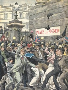 Seconde Guerre des Boers. Annonce de la fin de la guerre dans les rues de Londres. Illustration par Antonio Beltrame. « La Domenica del Corriere » - Achille Beltrame