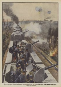 Toujours de nouveaux moyens destructeurs dans la guerre moderne, lutte entre deux trains blindés (un allemand et un français) en Flandre