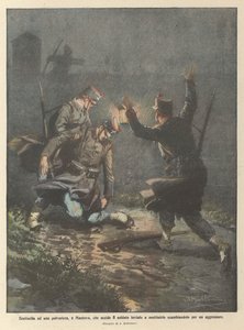 Sentinelle à un dépôt de poudre, à Mantoue, qui tue le soldat envoyé pour le remplacer en le prenant pour un agresseur - Achille Beltrame