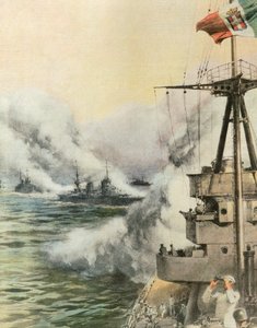 Convoi italien libérant un écran de fumée pour protéger les navires, illustration de La Domenica del Corriere, 8 août