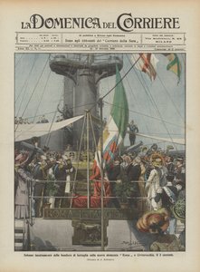 Élévation solennelle du drapeau de bataille sur le nouveau cuirassé Roma à Civitavecchia le 3 courant - Achille Beltrame