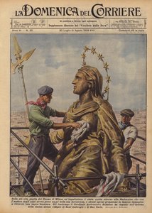 Sur la plus haute flèche du Dôme de Milan, un échafaudage a été érigé autour de la Madonnina - Achille Beltrame