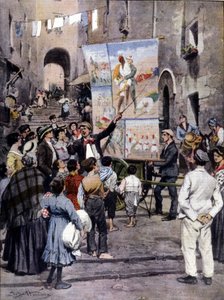 La Poésie de la Guerre : Les dernières chansons populaires inspirées par la guerre de Libye sont chantées dans les rues de Naples par des artistes de rue. Ill. de Beltrame. La Domenica del Corriere. 1912 - Achille Beltrame
